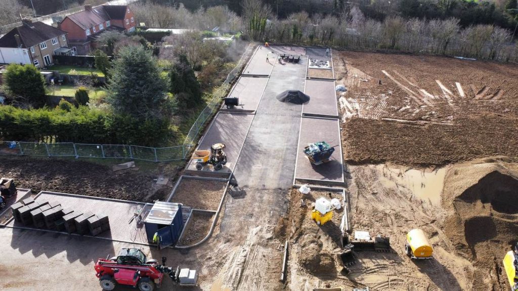 Drone photo of the road and parking bays under construction
